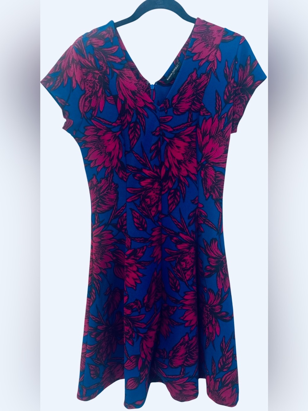 Banana Republic Retro A-Line Floral Dress, Magenta & Royal Blue, Size 2